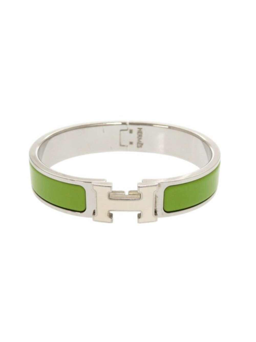 Hermes Clic Clac PM Metal Silver Green Bangle Bracelet